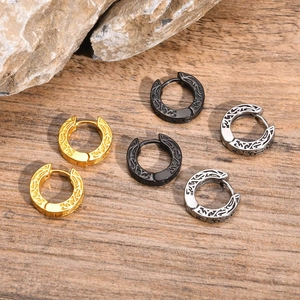 Men's Vintage Stainless Steel Patterned Hoop Earrings Celtic Viking Style Punk Hip Hop Huggie Jewelry For Men Gift