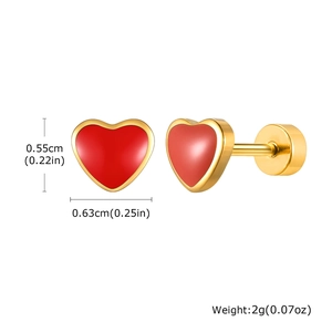 Detail of red enamel heart stud earrings showing 0.55cm height and flat back design