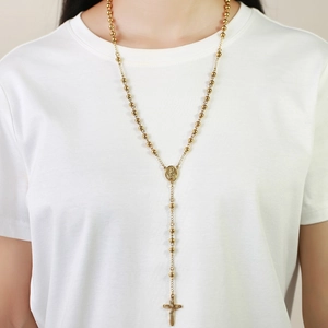 Titanium Steel Gold Cross Rosary Beaded Chain Necklace Vintage Religious Pendant For Men Women Polished Religious Jewelry