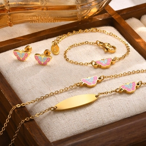 18K Vergulde Koperen Vlinder Sieraden Set Emaille Oorbellen Armband Ketting Met 925 Sterling Zilver Stift Dames