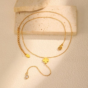 18K gold plated stainless steel clover Y-shaped necklace with zircon tassel pendant