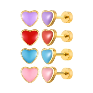 Colorful enamel heart stud earrings set in gold stainless steel with flat screw backs