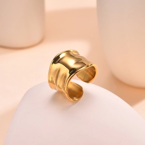 Gold wide irregular hammered open ring with textured wave design for women