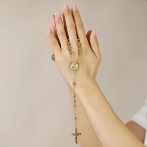 Polished gold titanium steel rosary necklace with cross pendant and matching bead ring