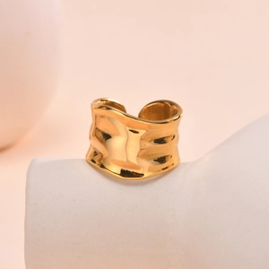 Adjustable wide gold-plated stainless steel ring with modern hammered wave texture