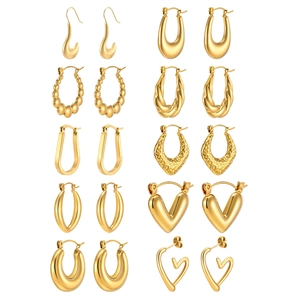 Set of 10 pairs of gold stainless steel earrings in hoop, twist and geometric designs