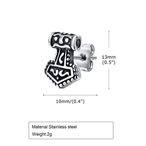 Vintage stainless steel Thor's hammer stud earring with Nordic engraved patterns for men