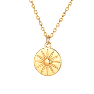 Gold stainless steel sunburst pendant necklace with a minimalist round ray design