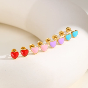 Colorful heart-shaped stainless steel stud earrings with gold plating and enamel inlay