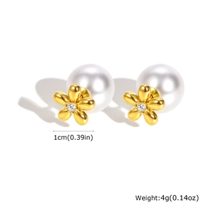 Detailansicht der 1cm großen Zirkonia-Blumenohrringe mit Perle und Gewichtsangabe