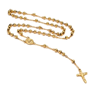 Long gold beaded titanium steel necklace with religious medal and cross pendant charm