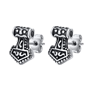 Vintage stainless steel Mjolnir hammer stud earrings with Nordic engraved patterns for men