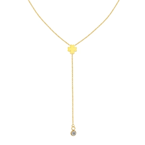 18K gold plated stainless steel Y-shaped necklace with clover pendant and zircon tassel