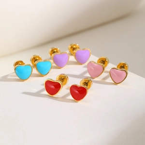 Sweet Colorful Heart Shaped Stud Earrings 925 Sterling Silver Post Gold Plated Enamel Screw Back Fashion Jewelry For Women
