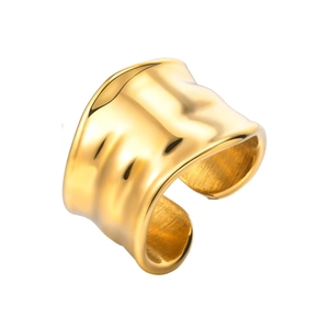 Irregular hammered 18K gold plated stainless steel wide open ring for women on white background