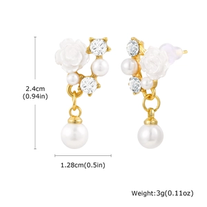 Elegant gold camellia flower earrings with pearls and crystals shown with dimensions