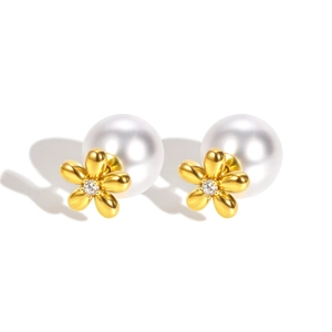 Elegante 18K Gold Blumenohrstecker mit weißer Perle und funkelndem Zirkonstein