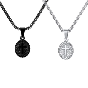 Classic stainless steel cross pendant necklaces in black and silver finishes on a curb chain