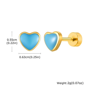 Golden heart earrings with blue enamel and screw-back closure showing dimensions