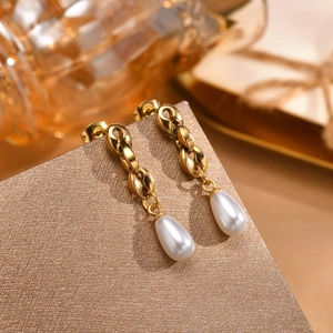 Elegant gold stainless steel drop earrings with dangling white teardrop pearls