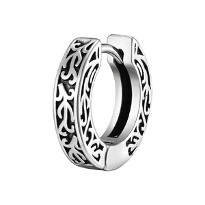 Vintage stainless steel hoop earring with carved hollow patterns and oxidized finish
