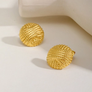 Golden stainless steel round stud earrings with embossed woven texture for women