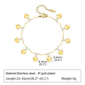 Bracelet de cheville en acier doré 18K avec pendentifs cœurs et chaîne réglable 21-26cm