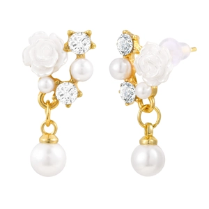Elegant gold camellia drop earrings with white pearls and sparkling crystal rhinestones