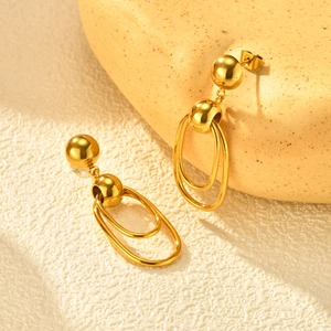 Polished gold stainless steel double oval hoop earrings with gold bead stud detail