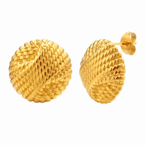 Pair of gold textured disc stud earrings made of embossed stainless steel with butterfly backs