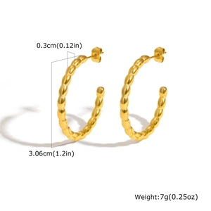 Detail view of golden stainless steel beaded C-hoop earrings with 3.06cm diameter size info