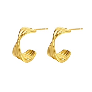Polished gold twisted C-shape hoop earrings with minimalist metal texture for women