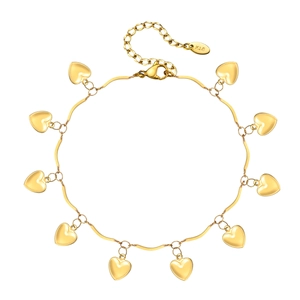 Bracelet de cheville en acier doré 18K avec 10 breloques en forme de cœur poli