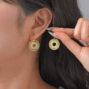 Bohemian Retro Stainless Steel Enamel Geometric Round Hook Earrings 18K Gold Plated Sunburst Pattern Vintage Women Jewelry