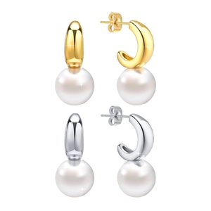 Boucles d'oreilles élégantes en C avec perles blanches en acier inoxydable doré et argenté