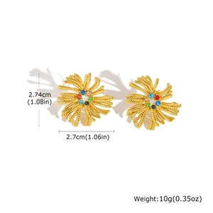 Boucles d'oreilles tournesol dorées avec strass colorés, style bohème et dimensions affichées