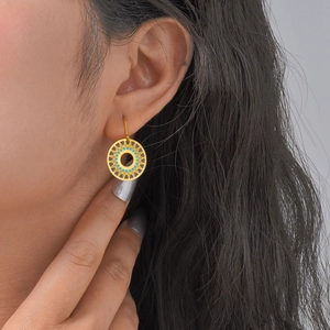 Vintage 18K gold plated stainless steel geometric drop earrings with blue enamel patterns