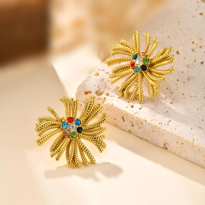 Boucles d'Oreilles Clous Tournesol en Acier Inoxydable Strass Colorés Vintage Spirale Feu d'Artifice Plaqué Or Bijoux