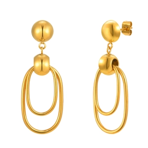 Golden double oval hoop earrings with top bead stud shown from front and side view