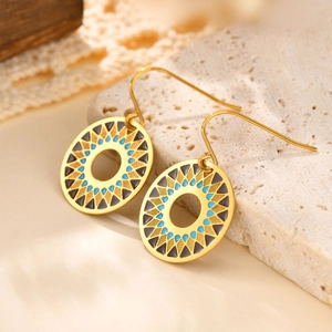 Vintage 18K gold plated geometric round dangle earrings with colorful enamel patterns