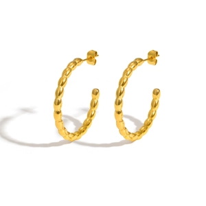 Elegant gold-plated stainless steel C-shaped hoop earrings with beaded spiral texture