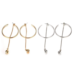 Minimalist Stainless Steel Long Tassel Hoop Earrings For Women Geometric Round Dangle Earrings Polished Metal Ball Jewelry