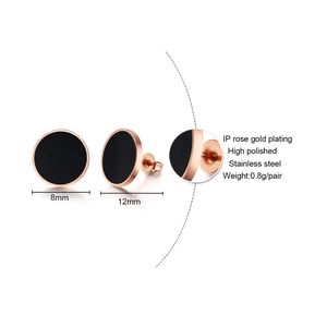 Boucles d'oreilles 8mm en acier inoxydable or rose avec acrylique noir poli pour femmes