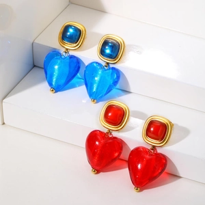 Boucles d'Oreilles Pendantes Vintage en Forme de Cœur pour Femmes Alliage Plaqué Or Verre Boucles d'Oreilles Cœur Bleu Rouge Bijoux Cadeau