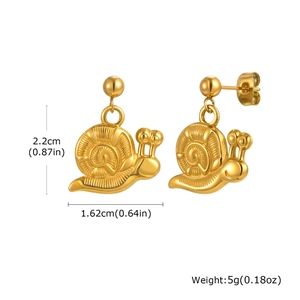 Detailed size view of 18K gold plated snail earrings with intricate spiral shell textures