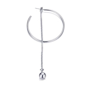 Elegant geometric round hoop earrings with long tassel chain and metal ball in silver finish