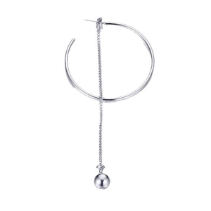 Minimalist long tassel earrings with silver geometric hoop and polished drop ball pendant