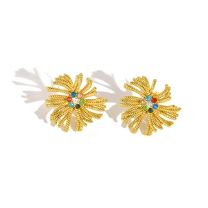 Boucles d'oreilles fleur en acier doré serties de strass colorés et texture spirale