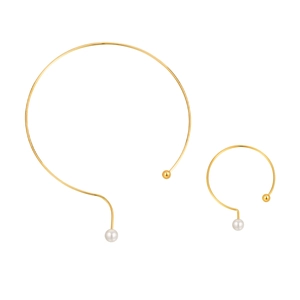 Ensemble collier choker et bracelet en acier doré avec perles et boules métalliques