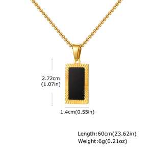 Detail of square black acrylic pendant with textured gold frame and box chain length measurements